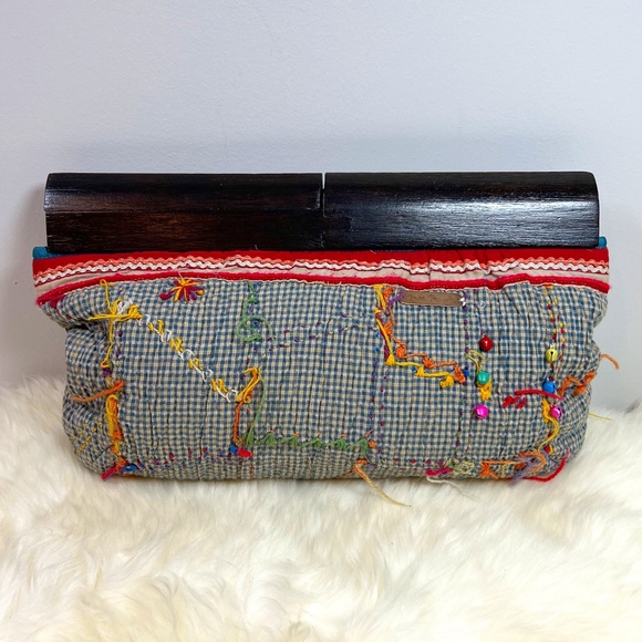 Women's Free People Quilt Embroidered Wood Handle Boho Clutch - Picture 1 of 15
